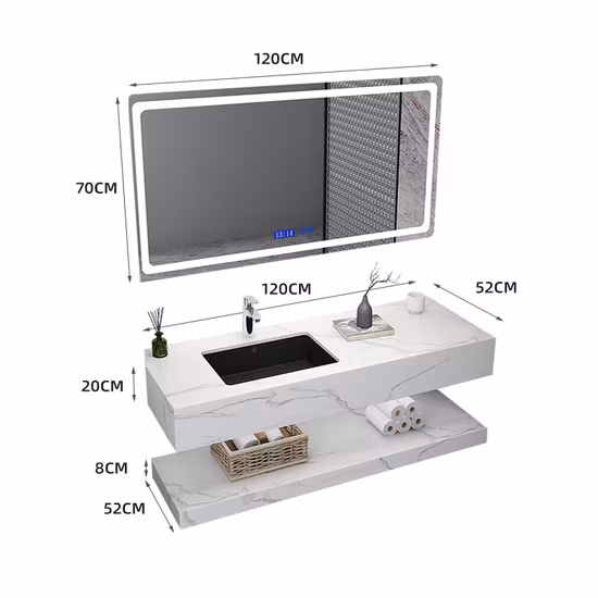 Armário de banheiro moderno de madeira de tamanho grande, bancada de pedra sinterizada, espelho LED, combinação de móveis de banho de luxo